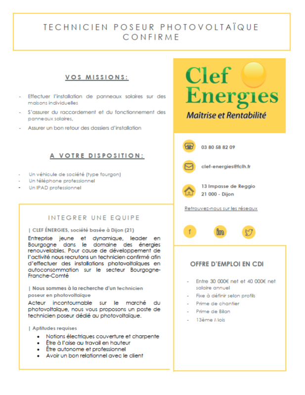 fiche de poste technicien installateur photovoltaique